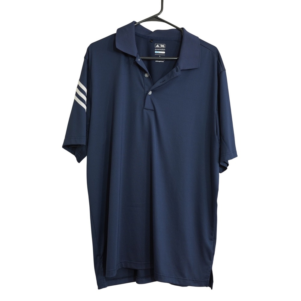 Adidas Men's Large Navy Blue Golf Polo Shirt 3-Stripe Puremotion Coolmax Casual